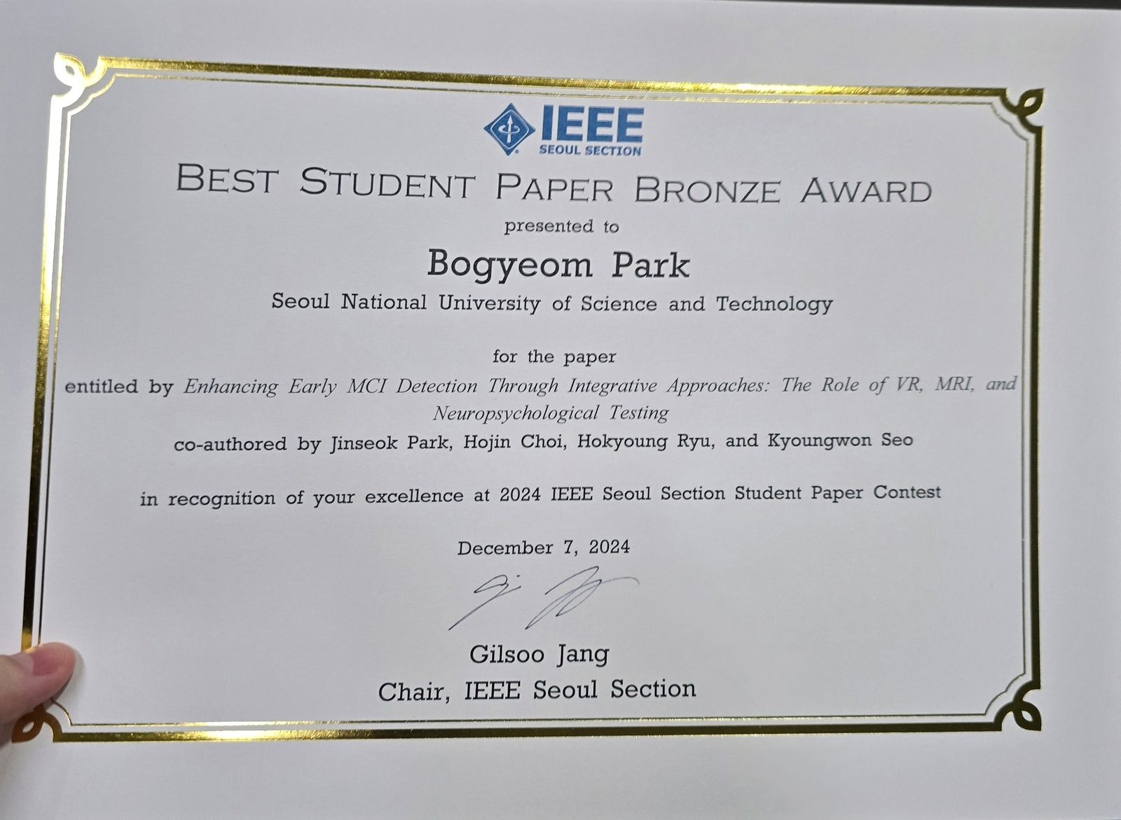 Bogyeom Park Awarded Best Student Paper Award at 2024 IEEE Seoul Section Student Paper Contest